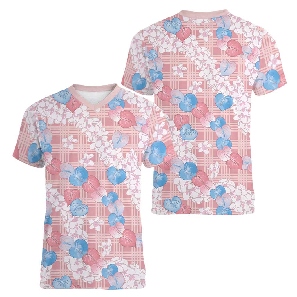 Anthurium Plumeria Lei Pastel Women V-Neck T-Shirt Pink Hawaiian Splendid Palaka LT01 - Polynesian Pride