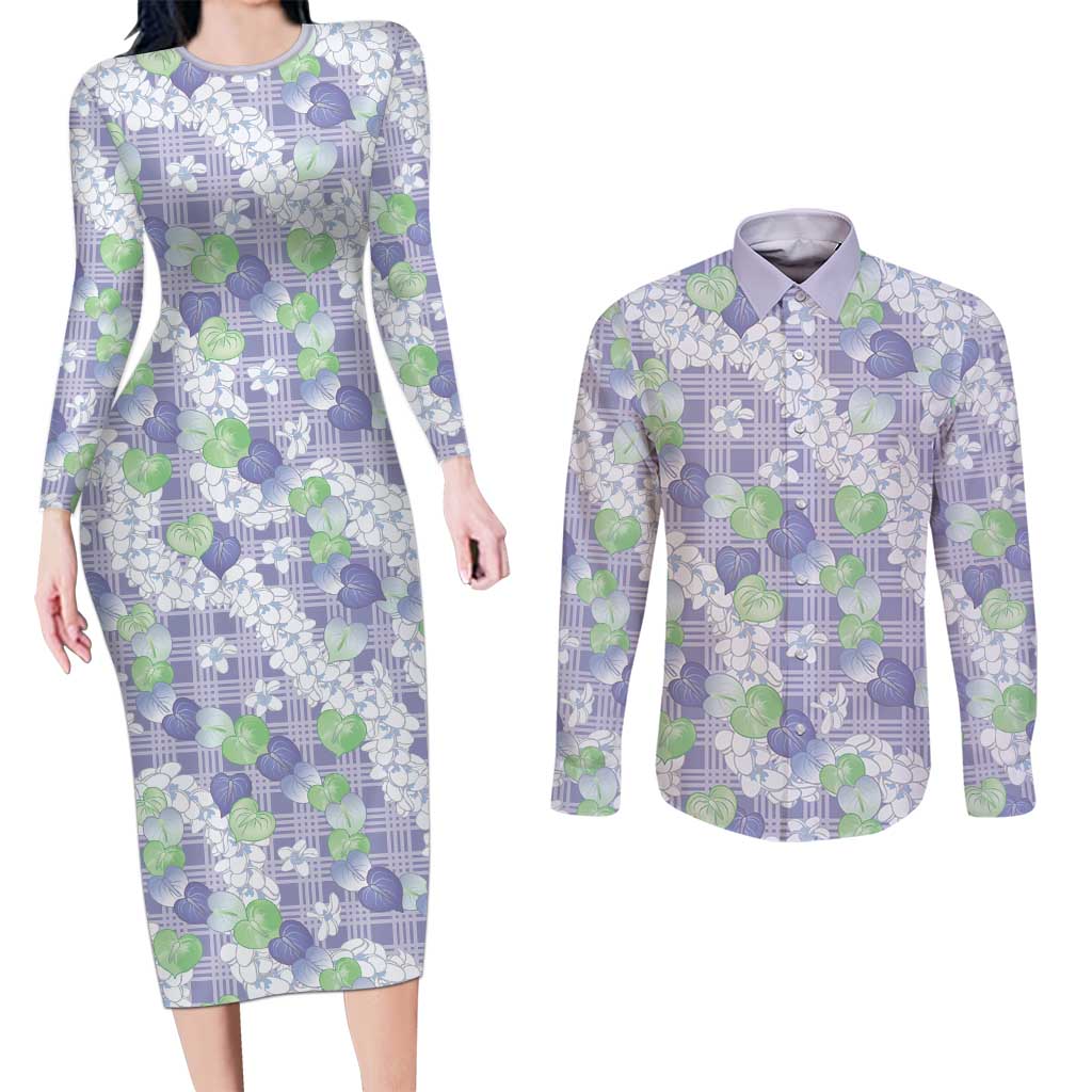 Anthurium Plumeria Lei Pastel Couples Matching Long Sleeve Bodycon Dress and Long Sleeve Button Shirt Purple Hawaiian Splendid Palaka LT01 Purple - Polynesian Pride