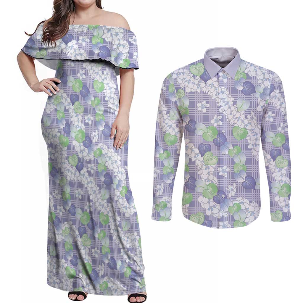 Anthurium Plumeria Lei Pastel Couples Matching Off Shoulder Maxi Dress and Long Sleeve Button Shirt Purple Hawaiian Splendid Palaka