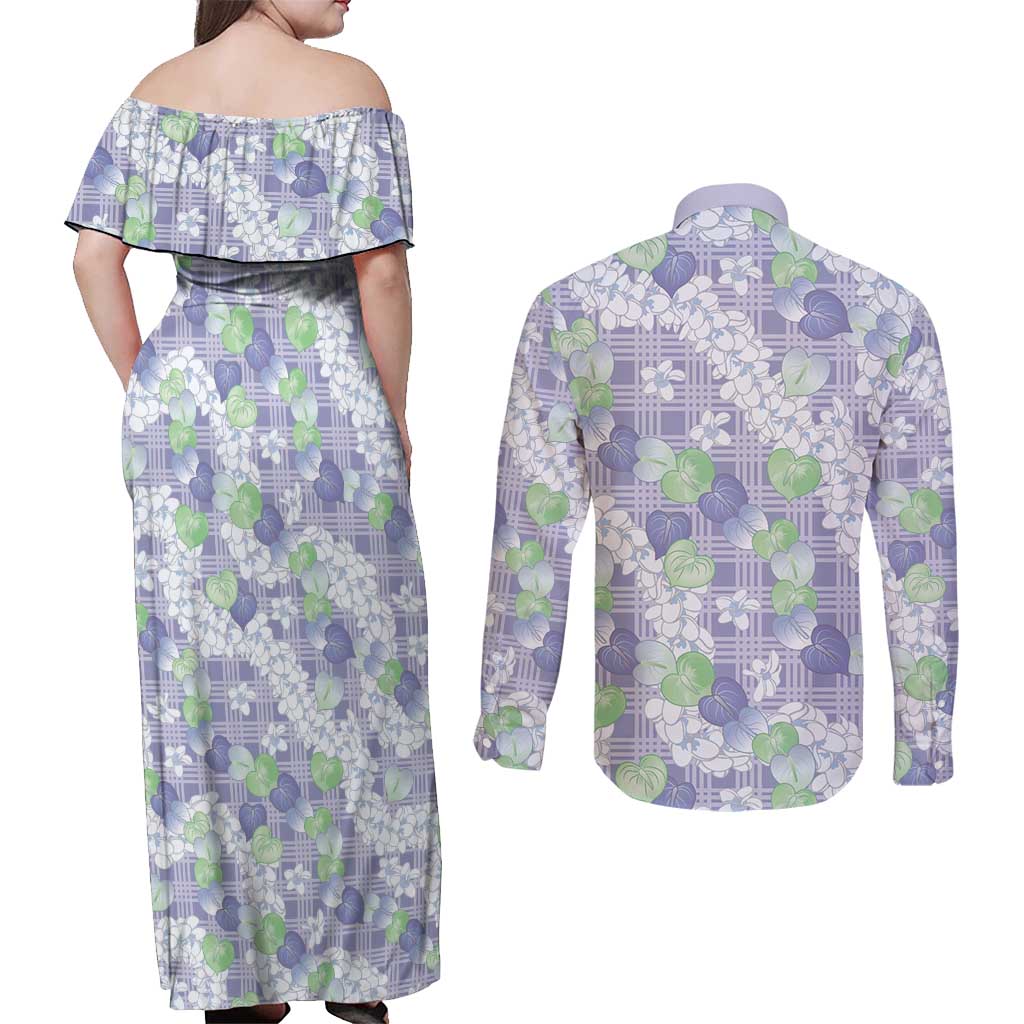 Anthurium Plumeria Lei Pastel Couples Matching Off Shoulder Maxi Dress and Long Sleeve Button Shirt Purple Hawaiian Splendid Palaka LT01 - Polynesian Pride