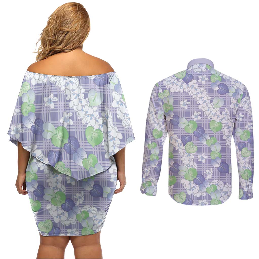 Anthurium Plumeria Lei Pastel Couples Matching Off Shoulder Short Dress and Long Sleeve Button Shirt Purple Hawaiian Splendid Palaka LT01 - Polynesian Pride