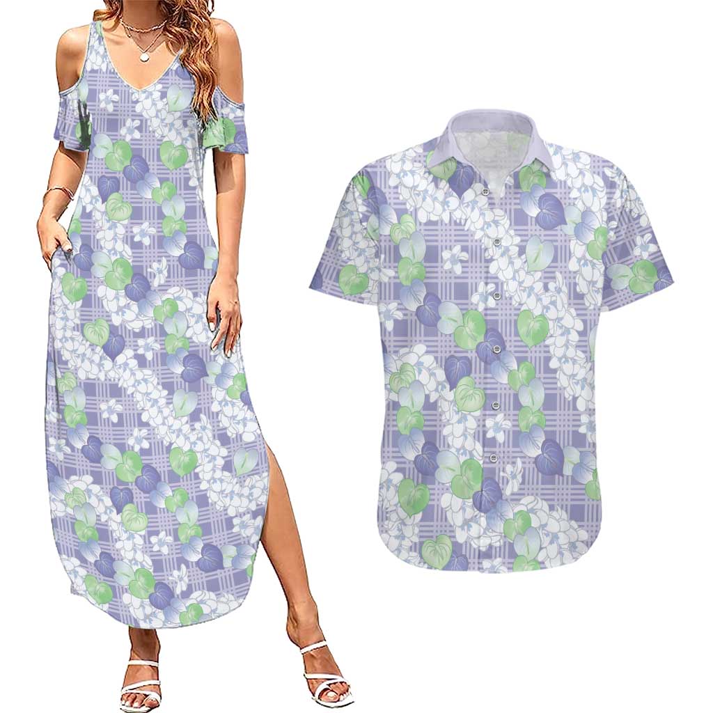 Anthurium Plumeria Lei Pastel Couples Matching Summer Maxi Dress and Hawaiian Shirt Purple Hawaiian Splendid Palaka LT01 Purple - Polynesian Pride