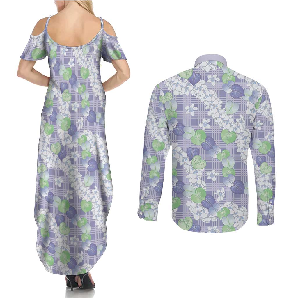 Anthurium Plumeria Lei Pastel Couples Matching Summer Maxi Dress and Long Sleeve Button Shirt Purple Hawaiian Splendid Palaka LT01 - Polynesian Pride