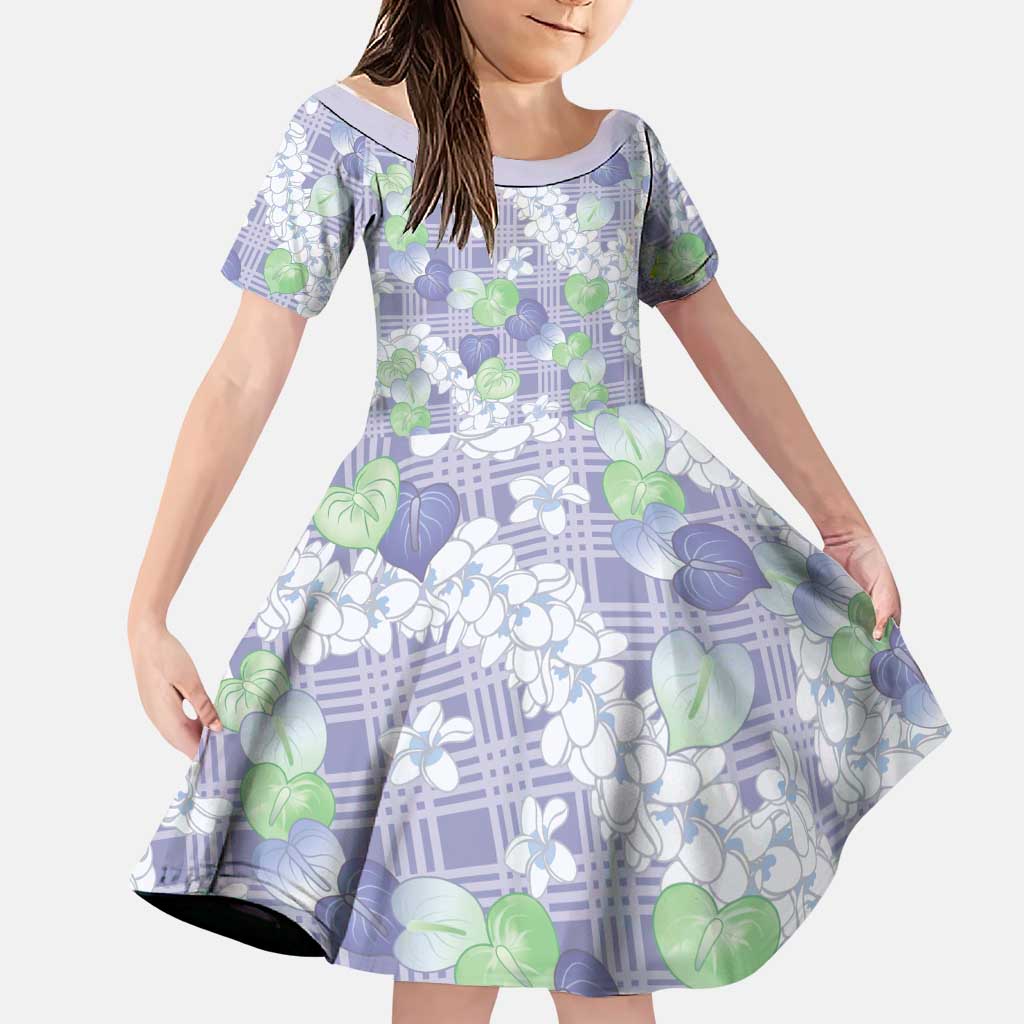 Anthurium Plumeria Lei Pastel Family Matching Off Shoulder Short Dress and Hawaiian Shirt Purple Hawaiian Splendid Palaka LT01 Daughter's Dress Purple - Polynesian Pride