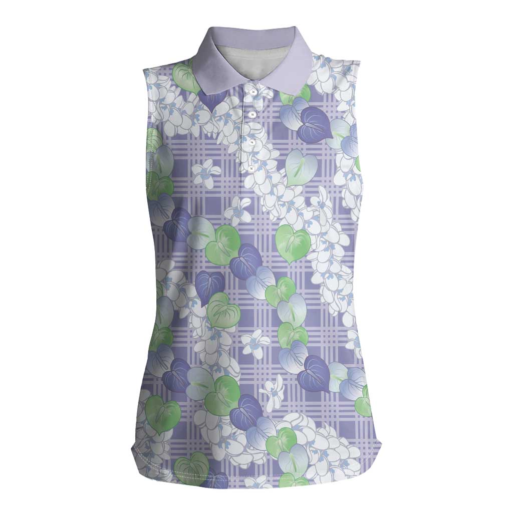Anthurium Plumeria Lei Pastel Women Sleeveless Polo Shirt Purple Hawaiian Splendid Palaka LT01 Female Purple - Polynesian Pride