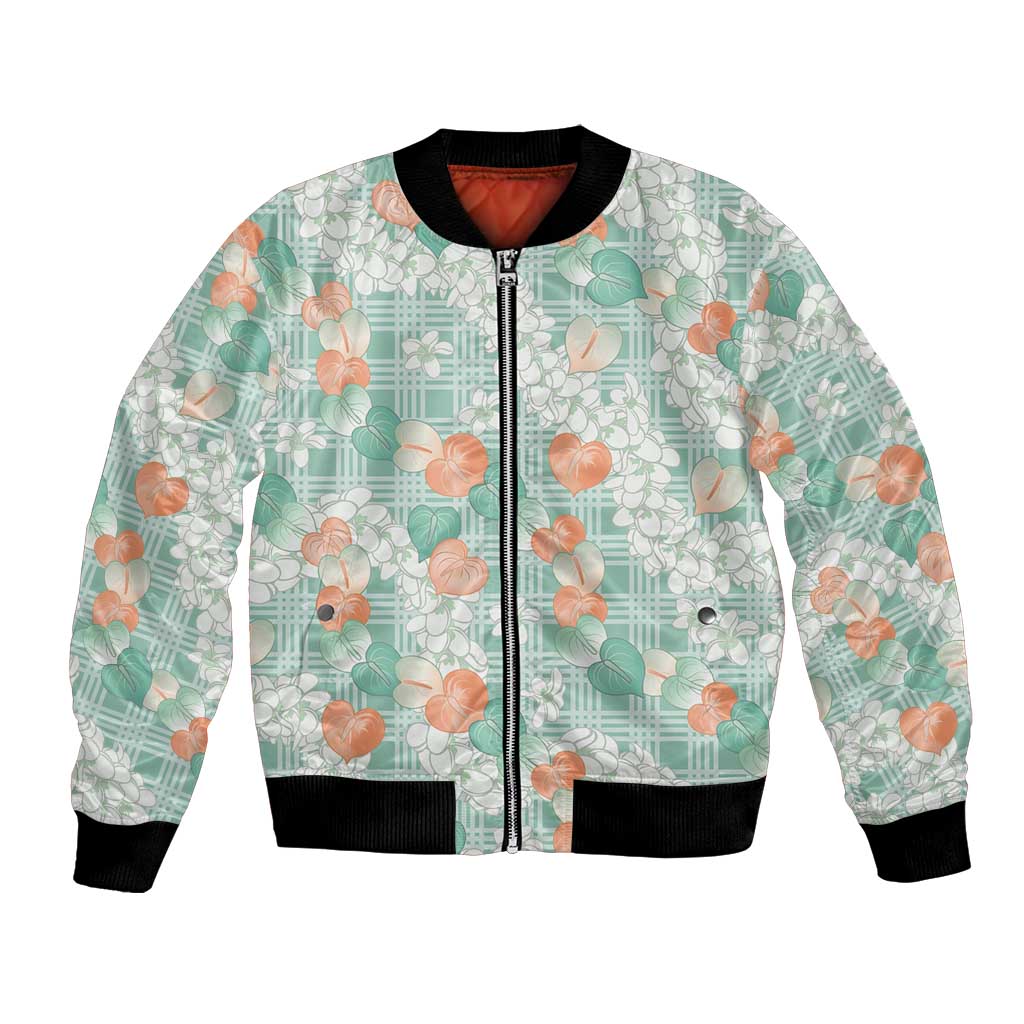 Anthurium Plumeria Lei Pastel Bomber Jacket Teal Hawaiian Splendid Palaka LT01 Unisex Teal - Polynesian Pride