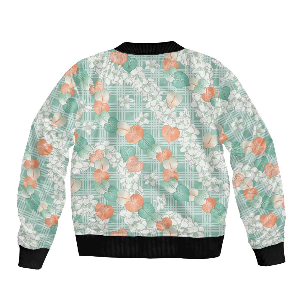 Anthurium Plumeria Lei Pastel Bomber Jacket Teal Hawaiian Splendid Palaka LT01 - Polynesian Pride