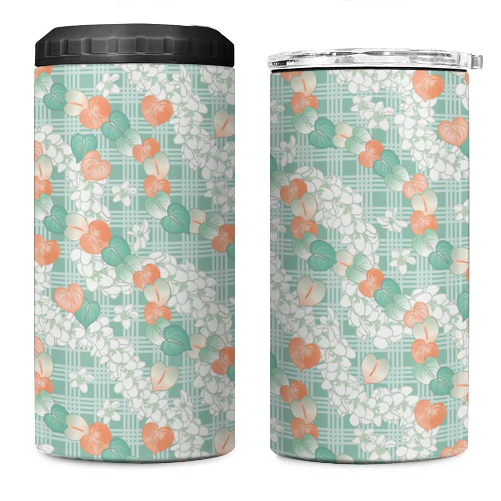 Anthurium Plumeria Lei Pastel 4 in 1 Can Cooler Tumbler Teal Hawaiian Splendid Palaka LT01 One Size: 16 oz Teal - Polynesian Pride