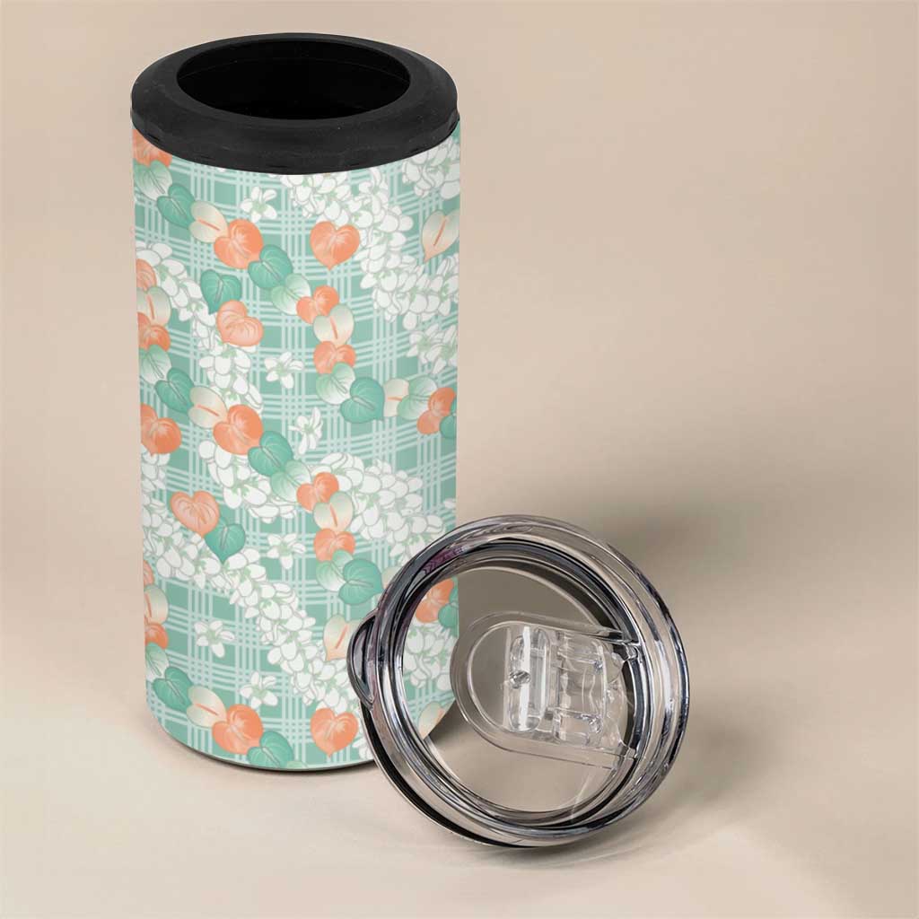 Anthurium Plumeria Lei Pastel 4 in 1 Can Cooler Tumbler Teal Hawaiian Splendid Palaka LT01 - Polynesian Pride