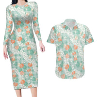 Anthurium Plumeria Lei Pastel Couples Matching Long Sleeve Bodycon Dress and Hawaiian Shirt Teal Hawaiian Splendid Palaka