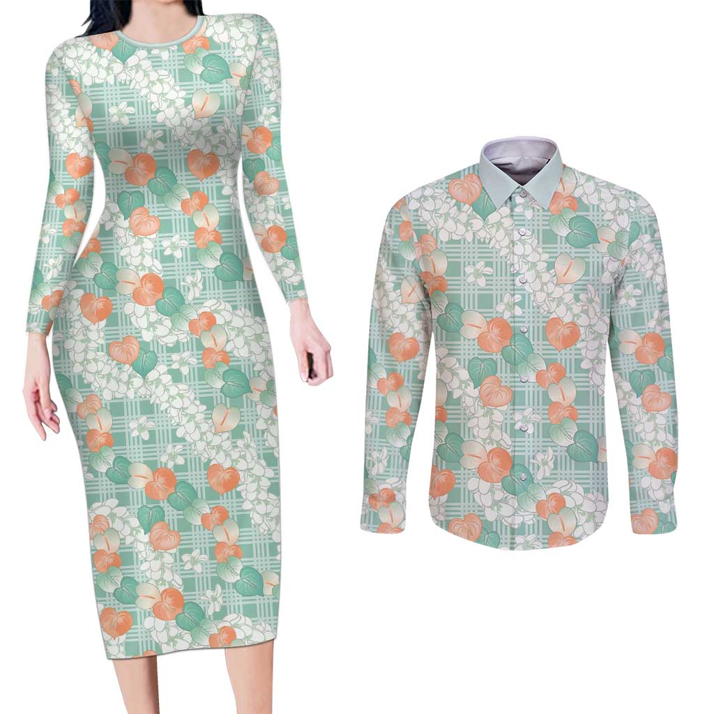 Anthurium Plumeria Lei Pastel Couples Matching Long Sleeve Bodycon Dress and Long Sleeve Button Shirt Teal Hawaiian Splendid Palaka LT01 Teal - Polynesian Pride