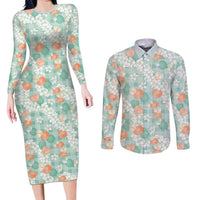 Anthurium Plumeria Lei Pastel Couples Matching Long Sleeve Bodycon Dress and Long Sleeve Button Shirt Teal Hawaiian Splendid Palaka LT01 Teal - Polynesian Pride