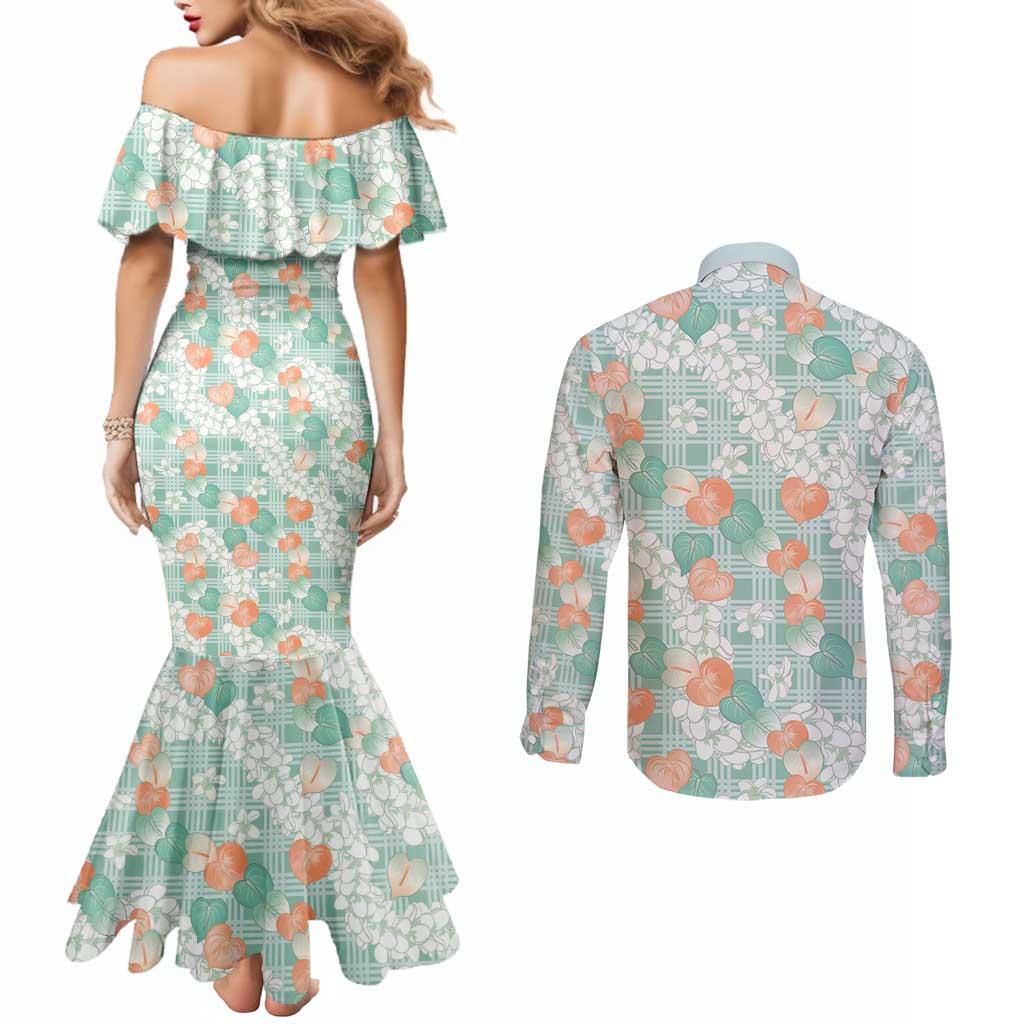 Anthurium Plumeria Lei Pastel Couples Matching Mermaid Dress and Long Sleeve Button Shirt Teal Hawaiian Splendid Palaka LT01 - Polynesian Pride