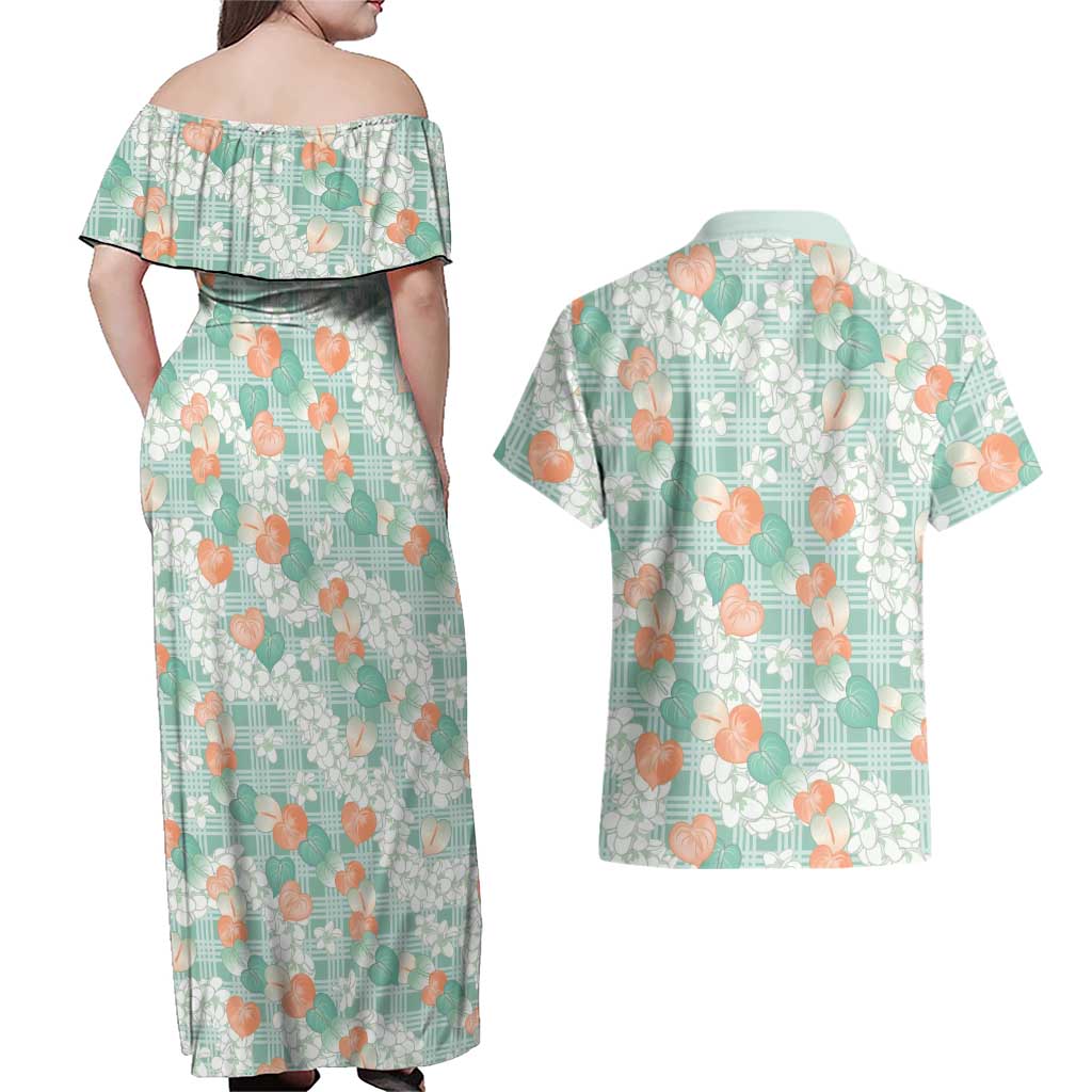 Anthurium Plumeria Lei Pastel Couples Matching Off Shoulder Maxi Dress and Hawaiian Shirt Teal Hawaiian Splendid Palaka LT01 - Polynesian Pride