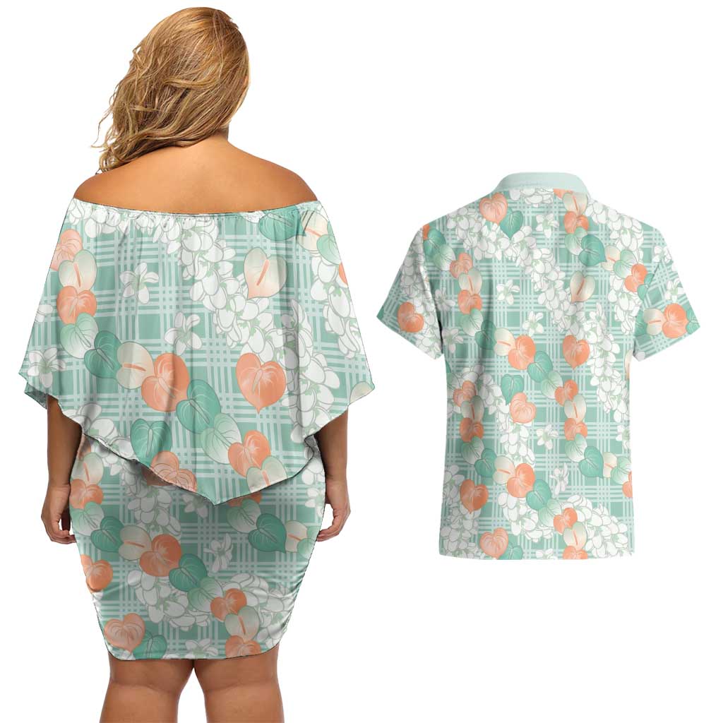 Anthurium Plumeria Lei Pastel Couples Matching Off Shoulder Short Dress and Hawaiian Shirt Teal Hawaiian Splendid Palaka LT01 - Polynesian Pride