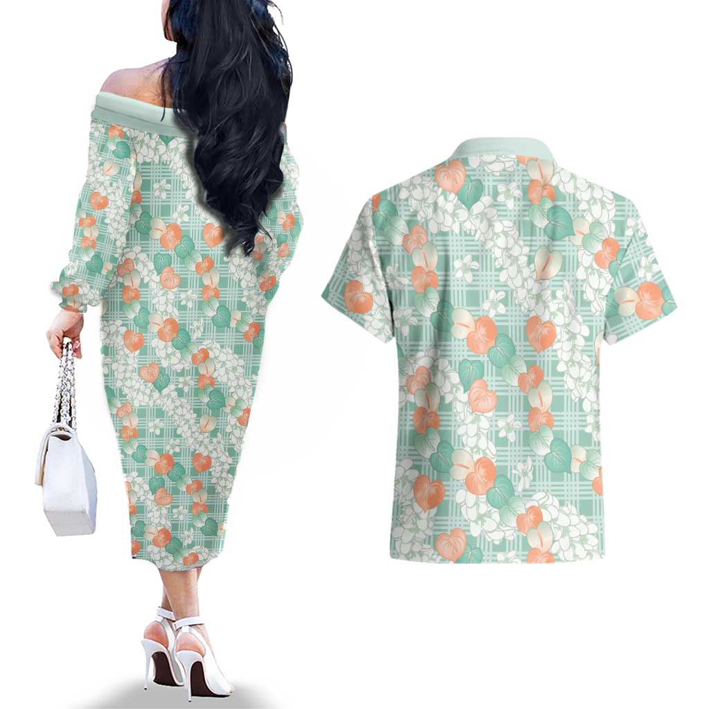 Anthurium Plumeria Lei Pastel Couples Matching Off The Shoulder Long Sleeve Dress and Hawaiian Shirt Teal Hawaiian Splendid Palaka