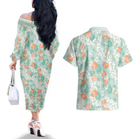 Anthurium Plumeria Lei Pastel Couples Matching Off The Shoulder Long Sleeve Dress and Hawaiian Shirt Teal Hawaiian Splendid Palaka