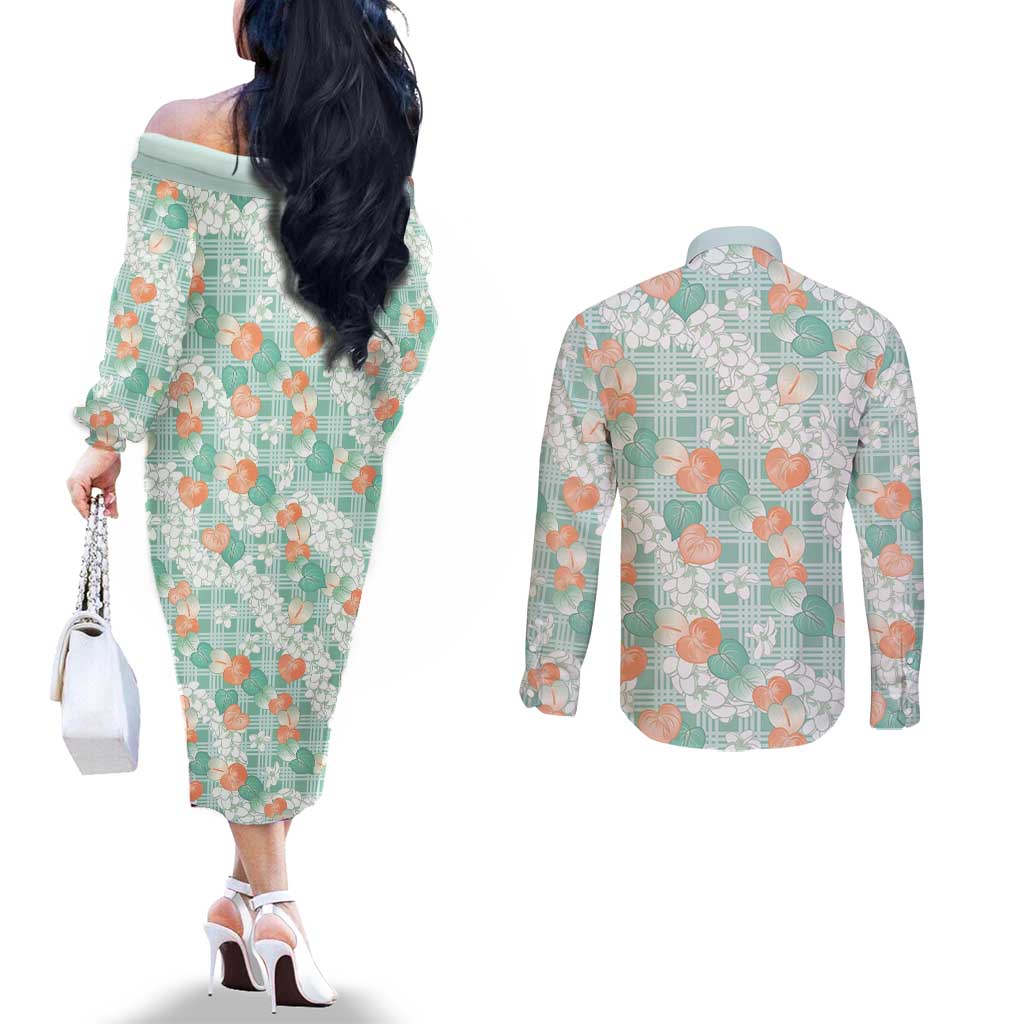 Anthurium Plumeria Lei Pastel Couples Matching Off The Shoulder Long Sleeve Dress and Long Sleeve Button Shirt Teal Hawaiian Splendid Palaka LT01 - Polynesian Pride