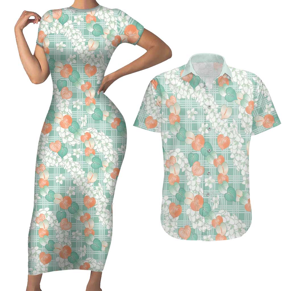 Anthurium Plumeria Lei Pastel Couples Matching Short Sleeve Bodycon Dress and Hawaiian Shirt Teal Hawaiian Splendid Palaka
