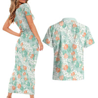 Anthurium Plumeria Lei Pastel Couples Matching Short Sleeve Bodycon Dress and Hawaiian Shirt Teal Hawaiian Splendid Palaka