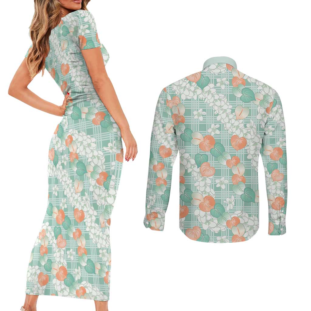 Anthurium Plumeria Lei Pastel Couples Matching Short Sleeve Bodycon Dress and Long Sleeve Button Shirt Teal Hawaiian Splendid Palaka LT01 - Polynesian Pride