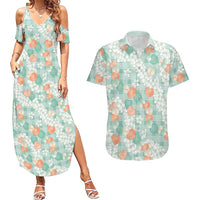 Anthurium Plumeria Lei Pastel Couples Matching Summer Maxi Dress and Hawaiian Shirt Teal Hawaiian Splendid Palaka LT01 Teal - Polynesian Pride
