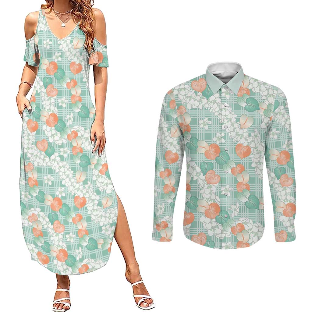 Anthurium Plumeria Lei Pastel Couples Matching Summer Maxi Dress and Long Sleeve Button Shirt Teal Hawaiian Splendid Palaka