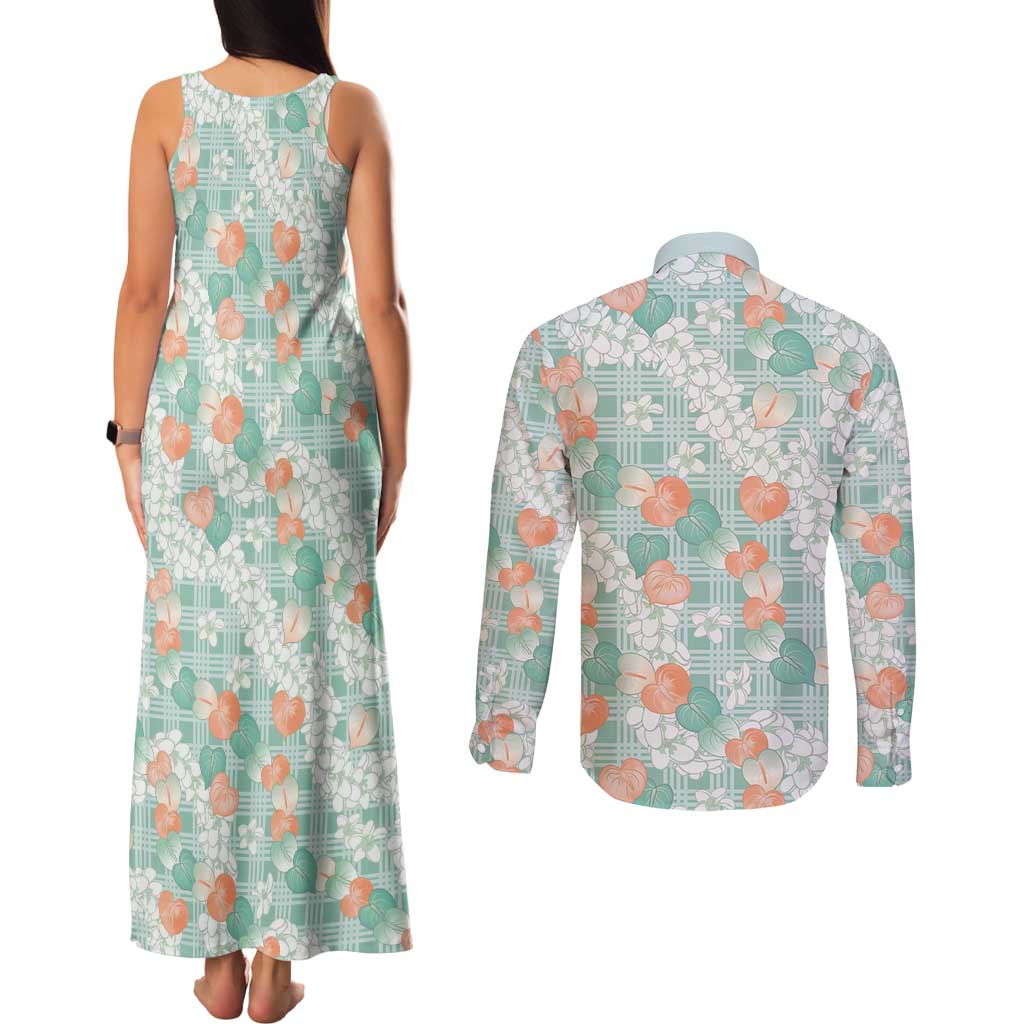 Anthurium Plumeria Lei Pastel Couples Matching Tank Maxi Dress and Long Sleeve Button Shirt Teal Hawaiian Splendid Palaka LT01 - Polynesian Pride