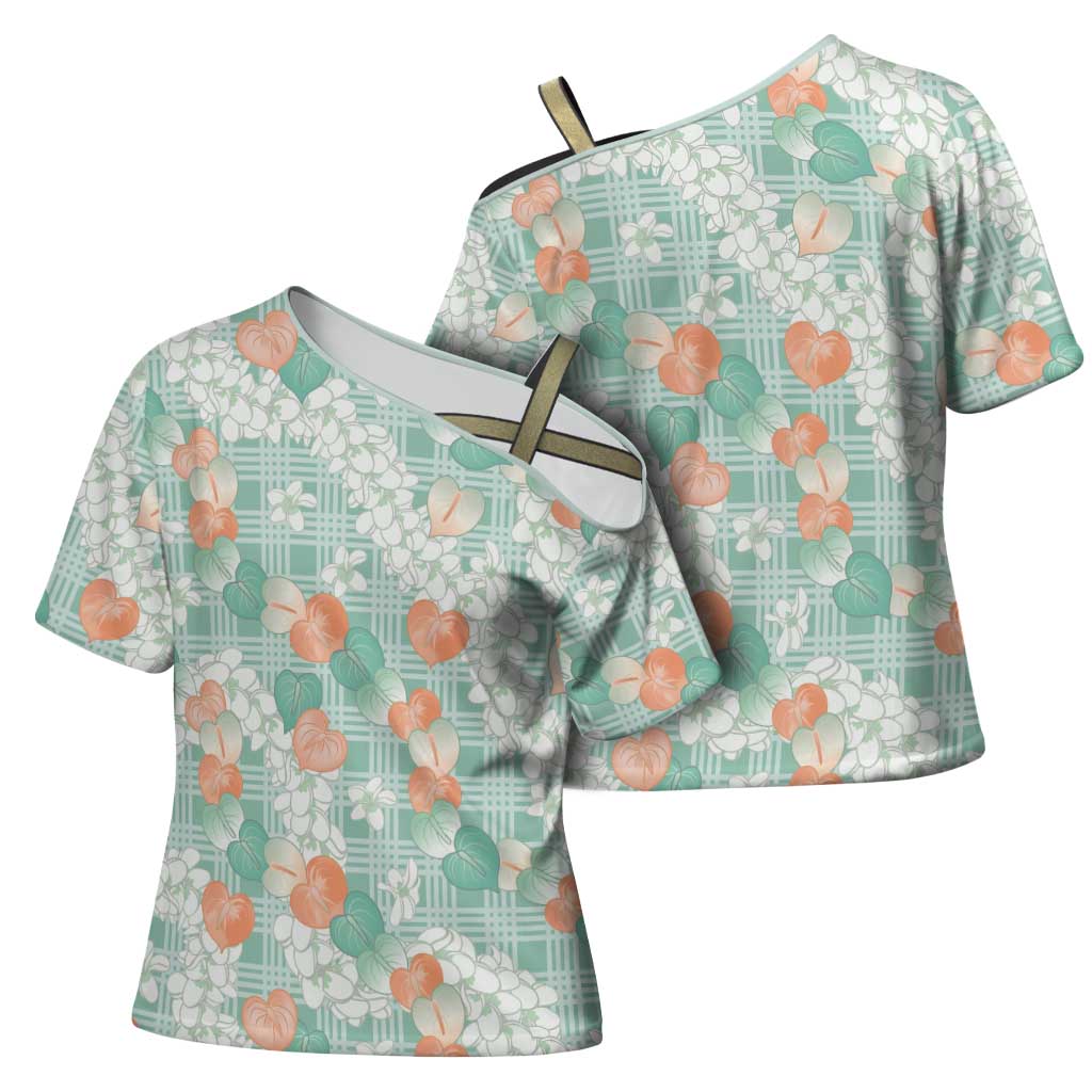 Anthurium Plumeria Lei Pastel Cross Shoulder Shirt Teal Hawaiian Splendid Palaka