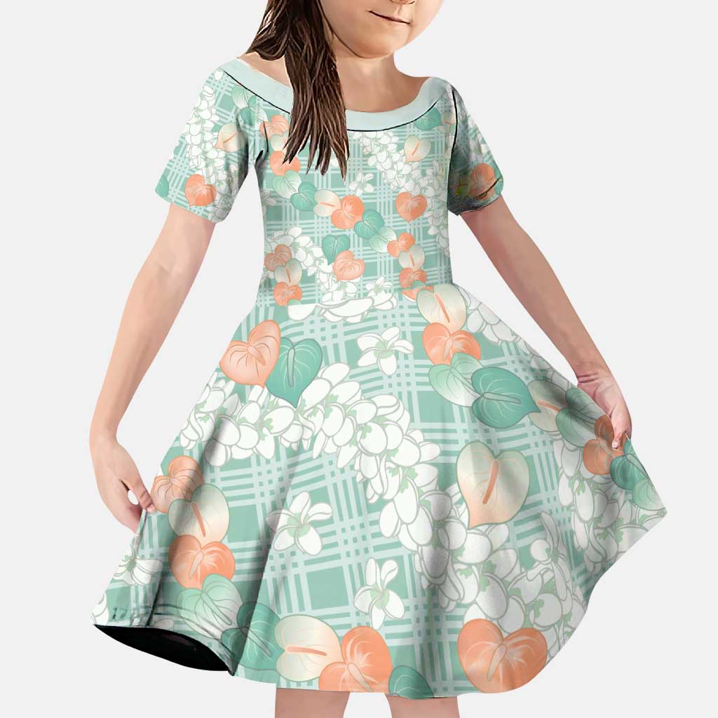 Anthurium Plumeria Lei Pastel Family Matching Off The Shoulder Long Sleeve Dress and Hawaiian Shirt Teal Hawaiian Splendid Palaka LT01 Daughter's Dress Teal - Polynesian Pride