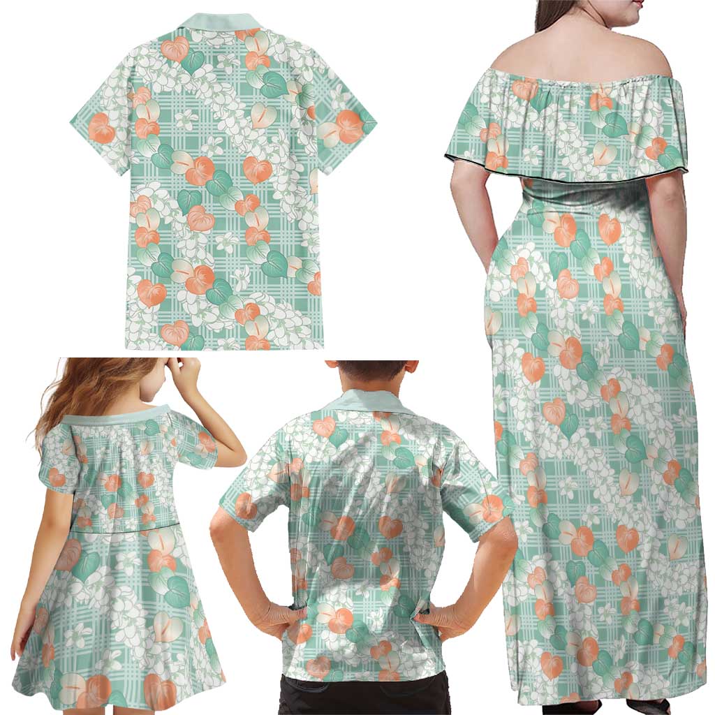 Anthurium Plumeria Lei Pastel Family Matching Off Shoulder Maxi Dress and Hawaiian Shirt Teal Hawaiian Splendid Palaka