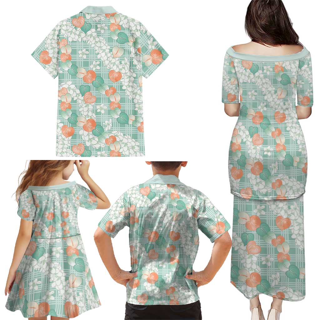 Anthurium Plumeria Lei Pastel Family Matching Puletasi and Hawaiian Shirt Teal Hawaiian Splendid Palaka