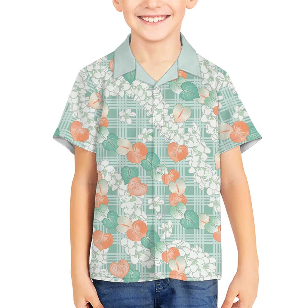 Anthurium Plumeria Lei Pastel Family Matching Tank Maxi Dress and Hawaiian Shirt Teal Hawaiian Splendid Palaka LT01 Son's Shirt Teal - Polynesian Pride