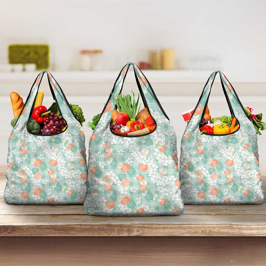 Anthurium Plumeria Lei Pastel Grocery Bag Teal Hawaiian Splendid Palaka