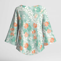 Anthurium Plumeria Lei Pastel Kimono Sleeve Blouse Teal Hawaiian Splendid Palaka