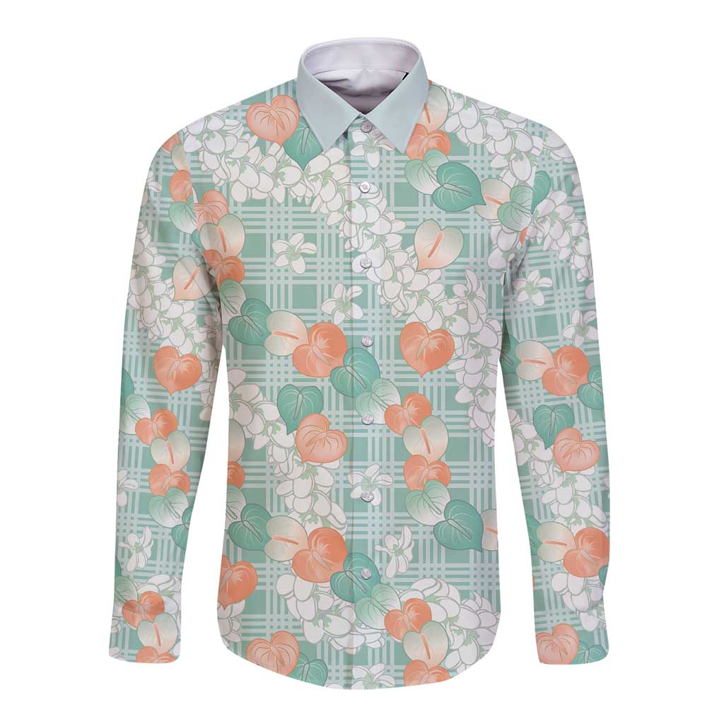 Anthurium Plumeria Lei Pastel Long Sleeve Button Shirt Teal Hawaiian Splendid Palaka LT01 Unisex Teal - Polynesian Pride
