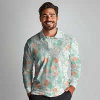 Anthurium Plumeria Lei Pastel Long Sleeve Polo Shirt Teal Hawaiian Splendid Palaka