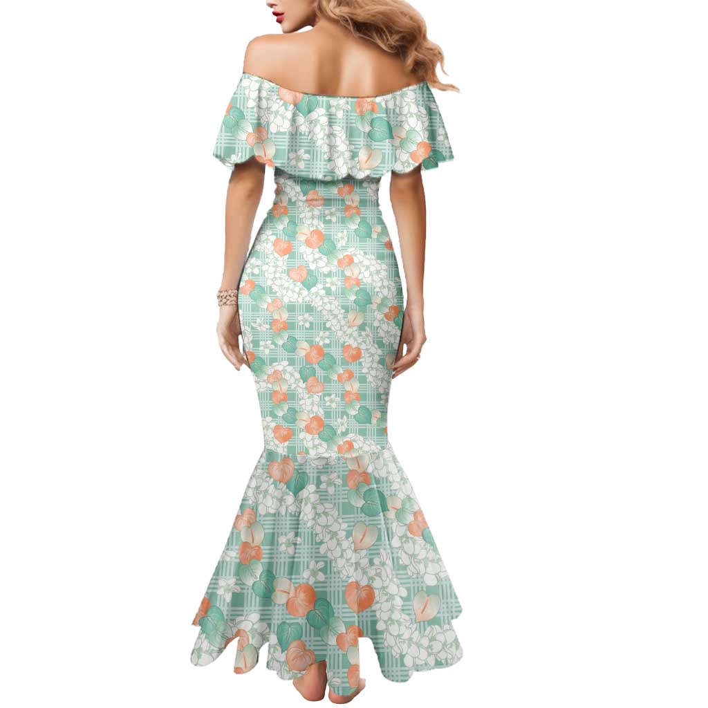 Anthurium Plumeria Lei Pastel Mermaid Dress Teal Hawaiian Splendid Palaka