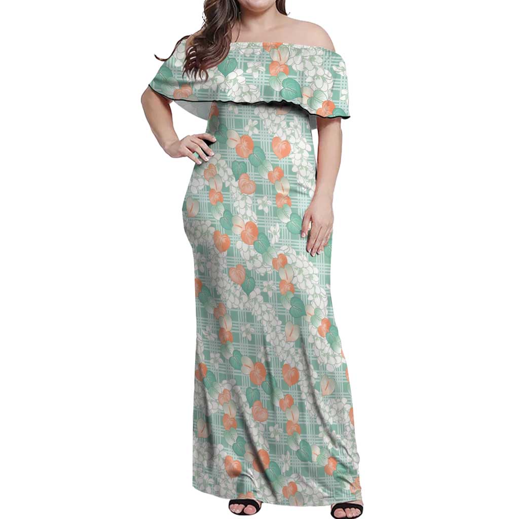 Anthurium Plumeria Lei Pastel Off Shoulder Maxi Dress Teal Hawaiian Splendid Palaka LT01 Women Teal - Polynesian Pride