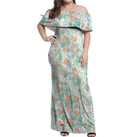 Anthurium Plumeria Lei Pastel Off Shoulder Maxi Dress Teal Hawaiian Splendid Palaka LT01 Women Teal - Polynesian Pride