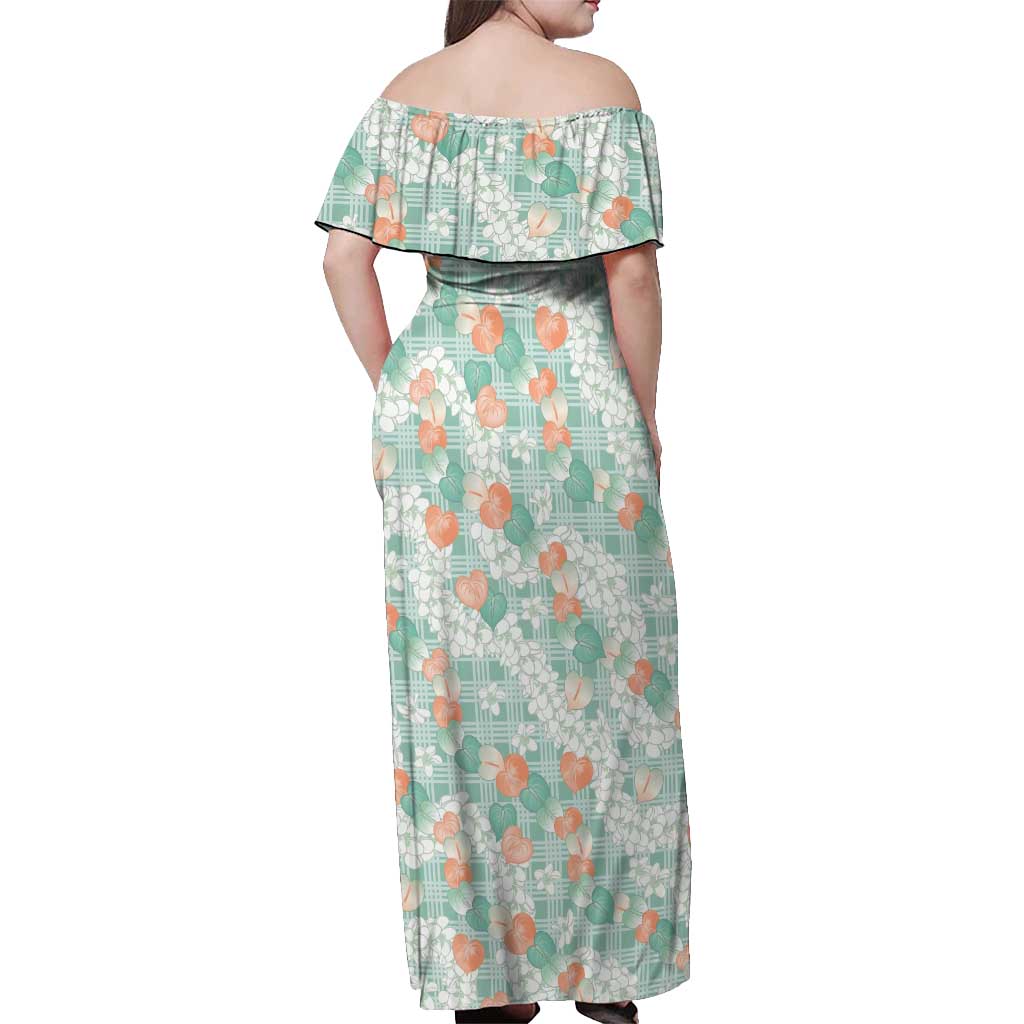 Anthurium Plumeria Lei Pastel Off Shoulder Maxi Dress Teal Hawaiian Splendid Palaka LT01 - Polynesian Pride