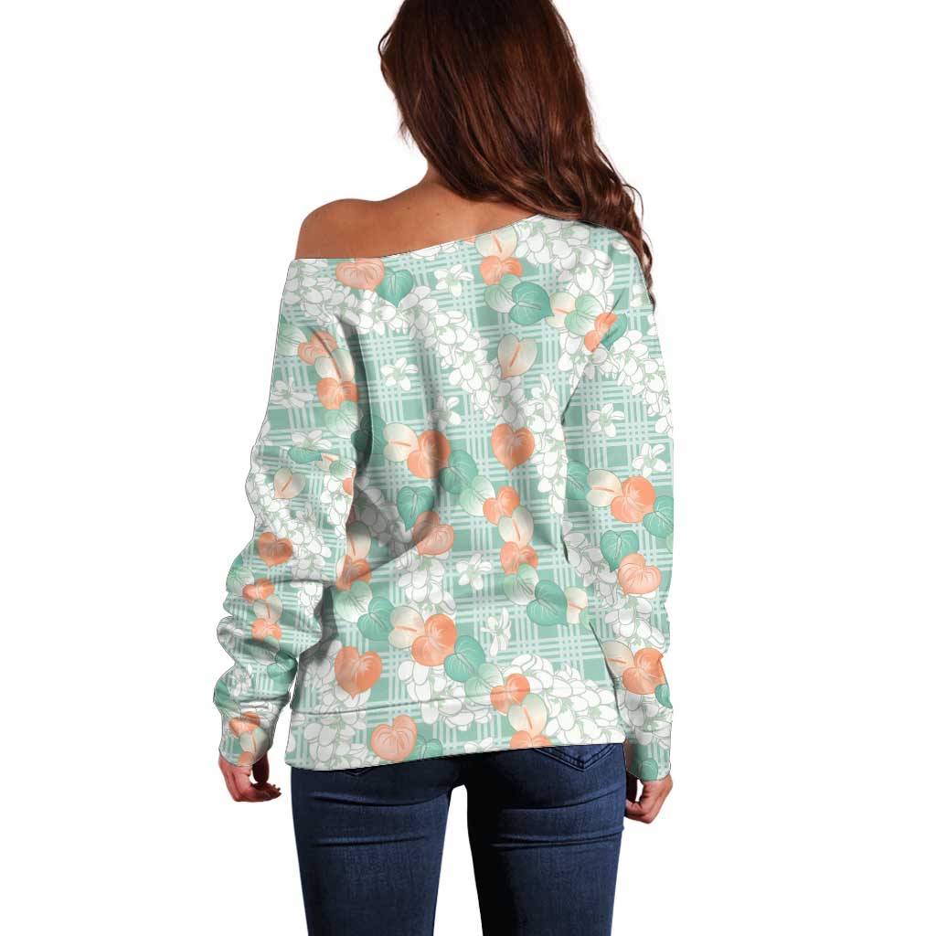 Anthurium Plumeria Lei Pastel Off Shoulder Sweater Teal Hawaiian Splendid Palaka