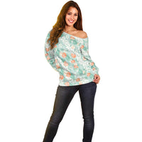 Anthurium Plumeria Lei Pastel Off Shoulder Sweater Teal Hawaiian Splendid Palaka