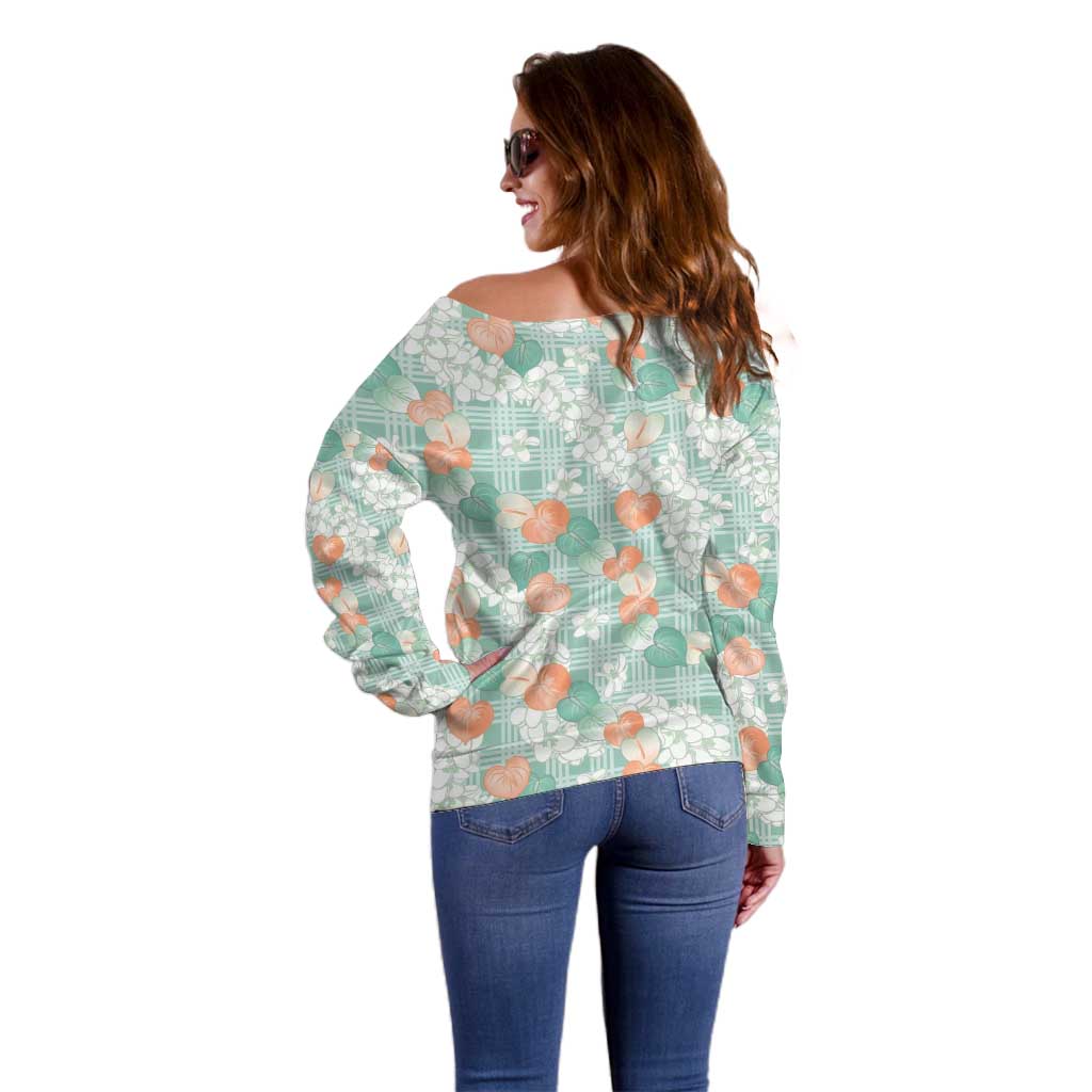 Anthurium Plumeria Lei Pastel Off Shoulder Sweater Teal Hawaiian Splendid Palaka