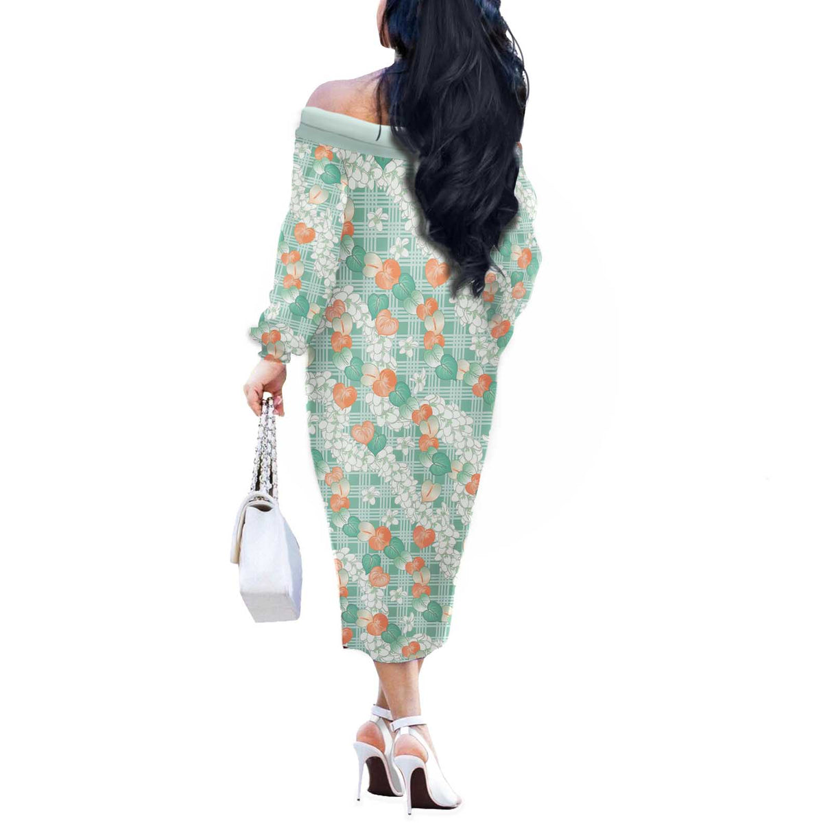 Anthurium Plumeria Lei Pastel Off The Shoulder Long Sleeve Dress Teal Hawaiian Splendid Palaka LT01 - Polynesian Pride