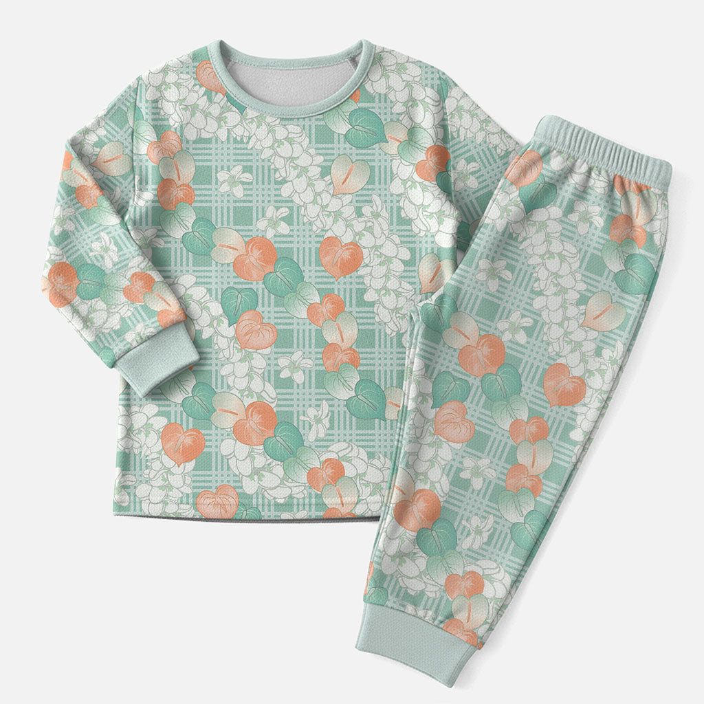 Anthurium Plumeria Lei Pastel Christmas Pajama Set Teal Hawaiian Splendid Palaka