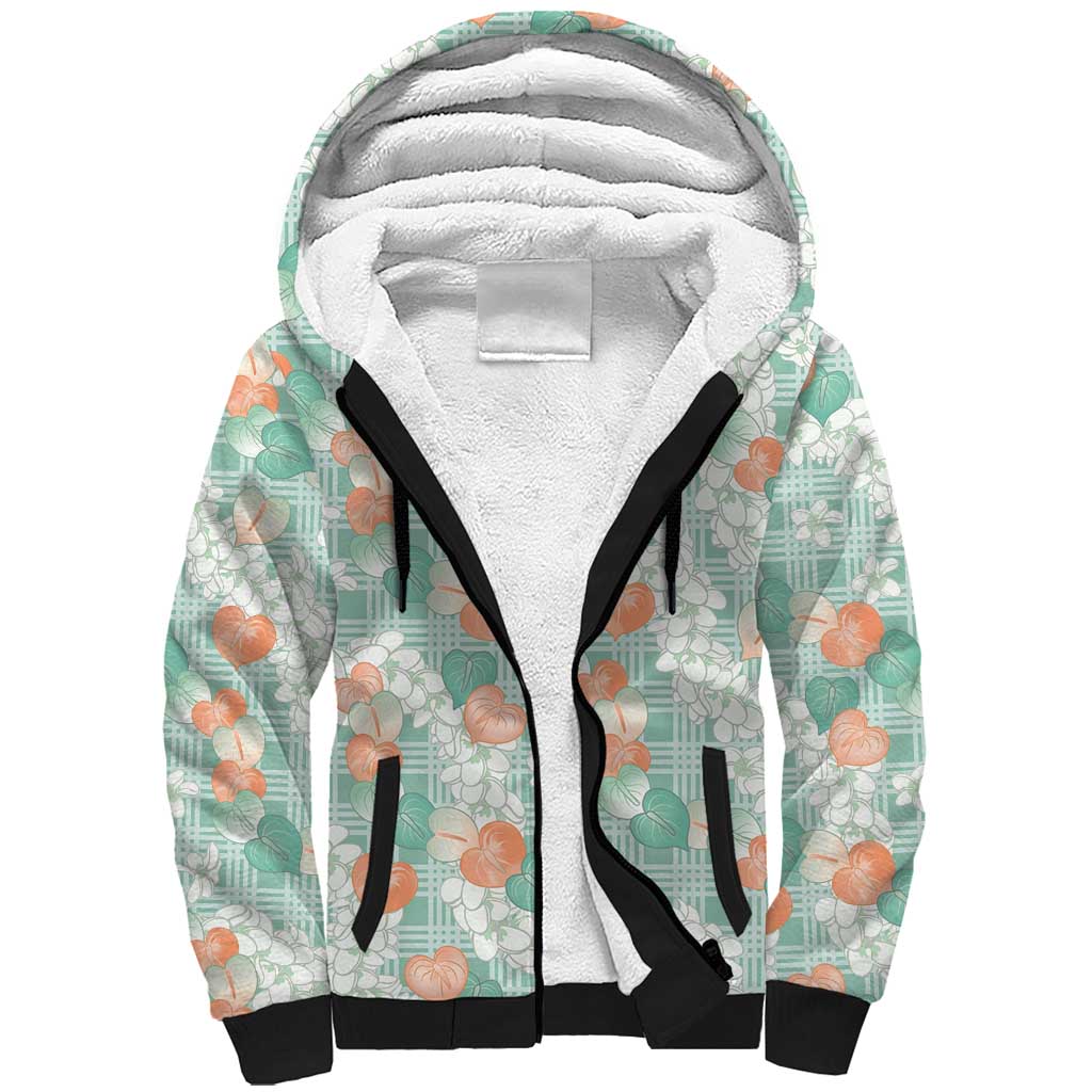 Anthurium Plumeria Lei Pastel Sherpa Hoodie Teal Hawaiian Splendid Palaka