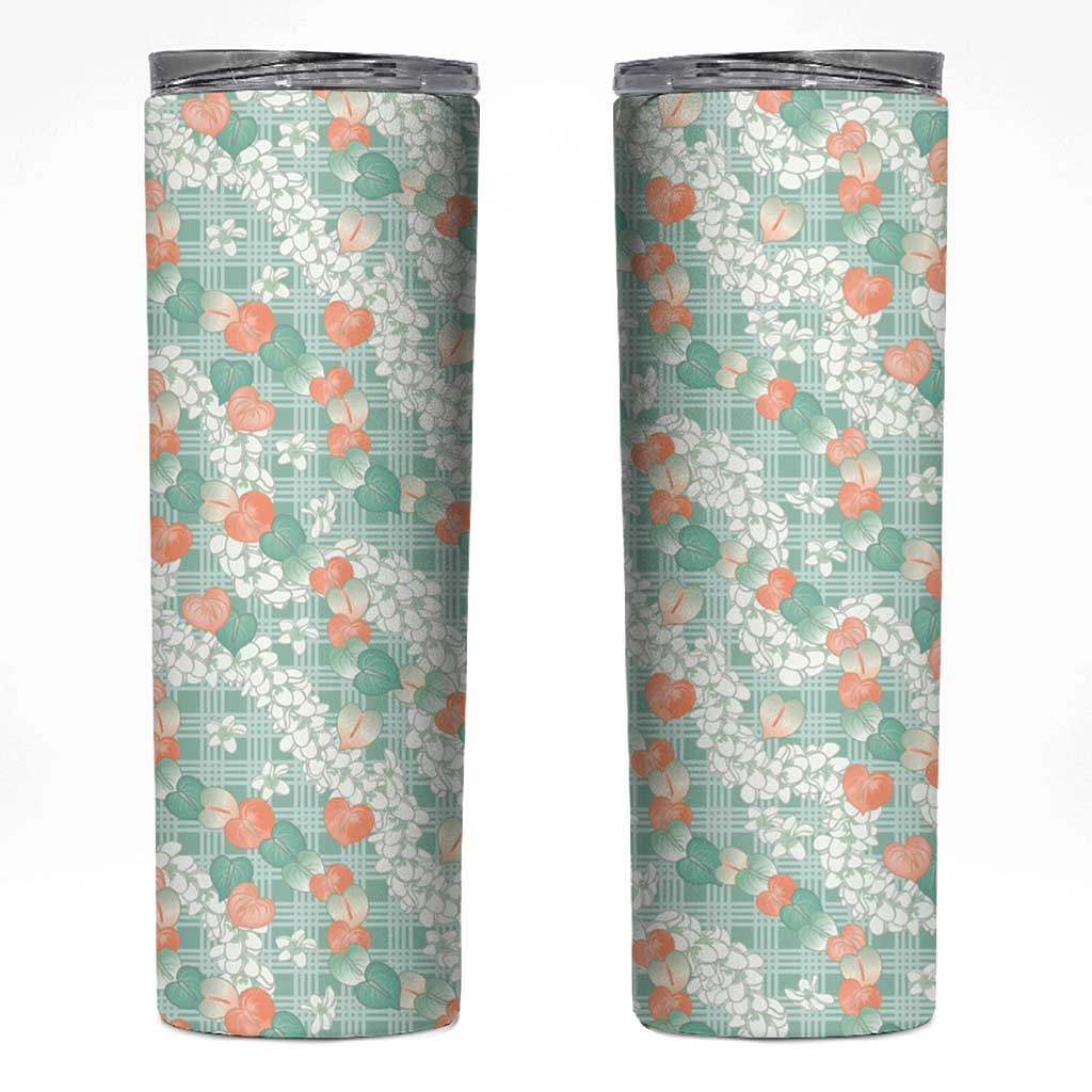 Anthurium Plumeria Lei Pastel Skinny Tumbler Teal Hawaiian Splendid Palaka LT01 Teal - Polynesian Pride