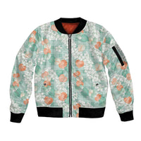 Anthurium Plumeria Lei Pastel Sleeve Zip Bomber Jacket Teal Hawaiian Splendid Palaka