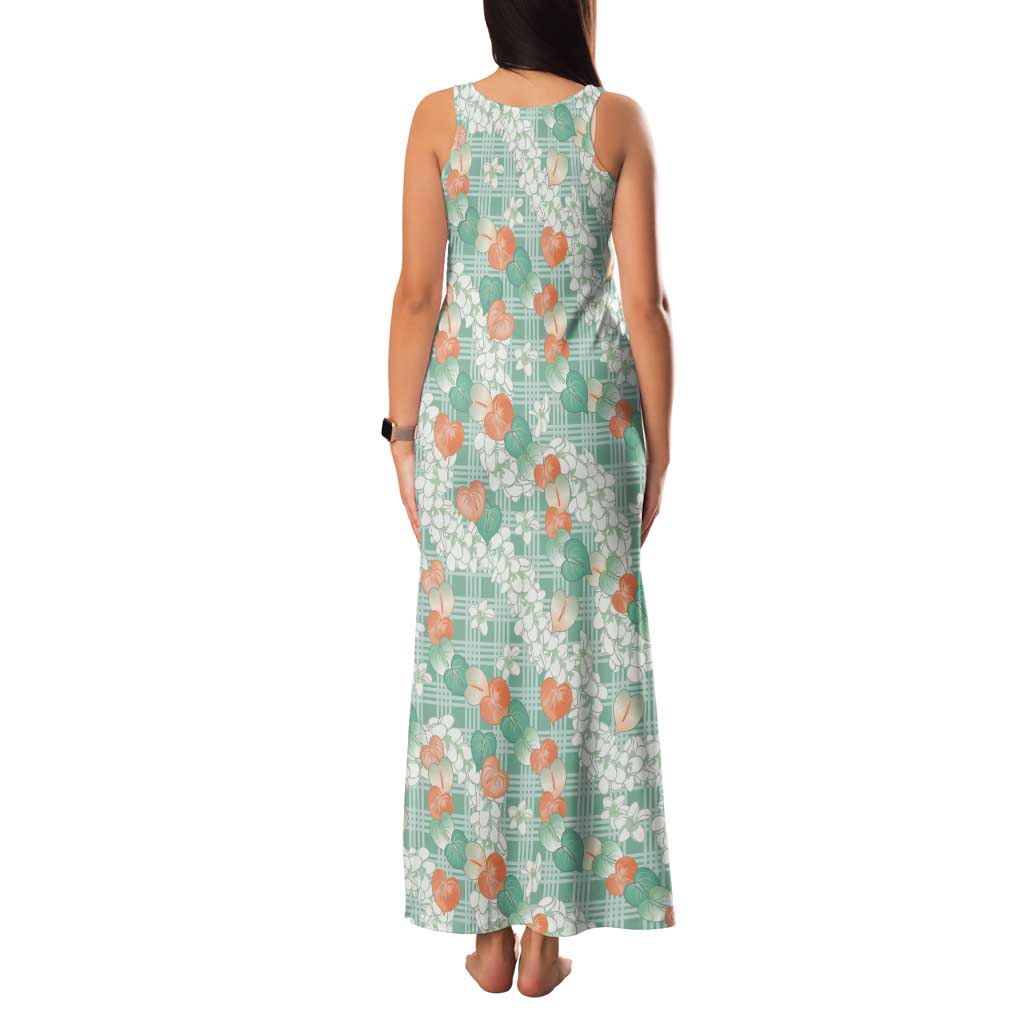 Anthurium Plumeria Lei Pastel Tank Maxi Dress Teal Hawaiian Splendid Palaka